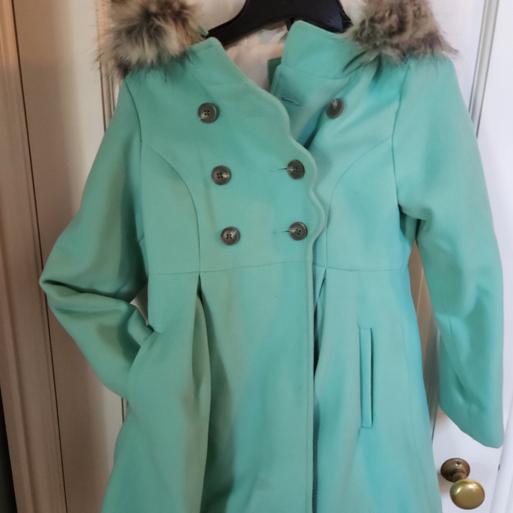 Cat & Jack Green Trench Coat with Fur Trim